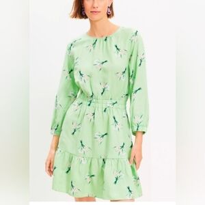 LOFT Floral Linen Blend Dress XL Green Cottagecore Boho Spring Ruffle Hem NWT